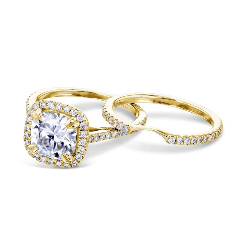 Annello by Kobelli 14k Gold 2 2/5ct Cushion Forever One Moissanite and Lab Grown Diamond Halo Bridal Set (DEF/VS) - 11 - Yellow
