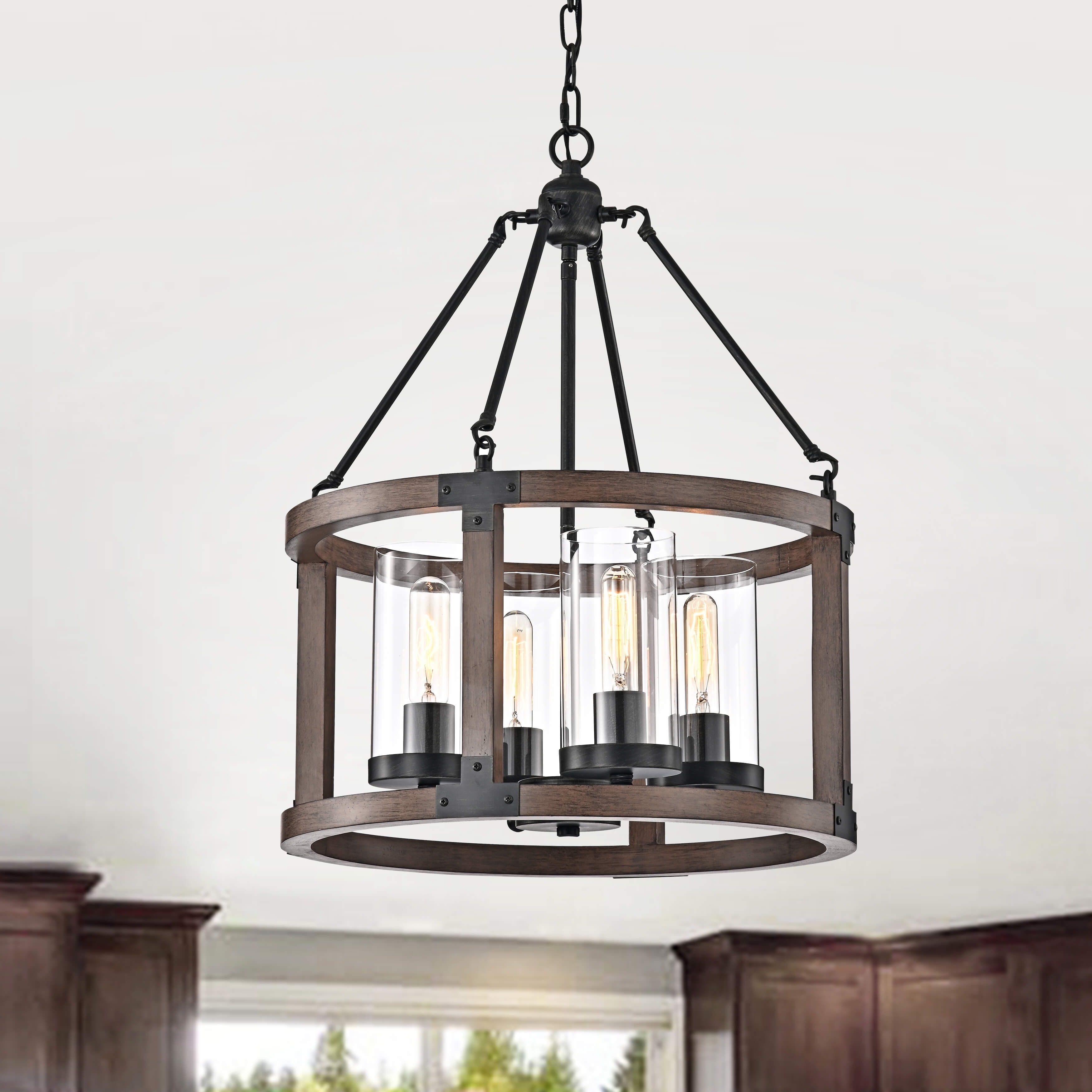 Daniela Pine Wood Drum Cage Glass Pendant with Antique Black Metal - N/A - Chandeliers For Bedrooms by Overstock.com