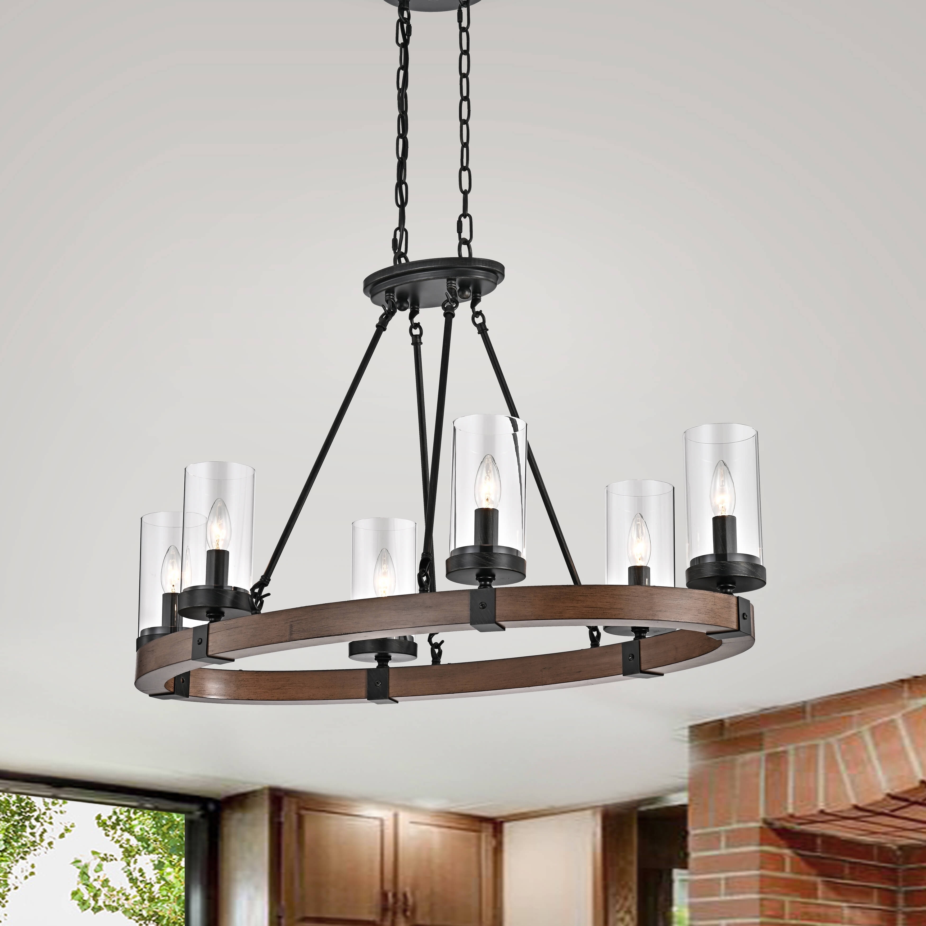 Daniela Oval Pine Wood Glass Shade Chandelier in Antique Black Metal - N/A - Chandeliers For Bedrooms by Overstock.com