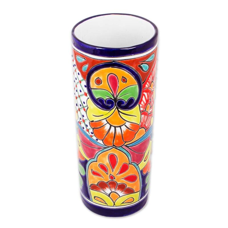 Handmade Cylindrical Talavera Ceramic Vase (Mexico)