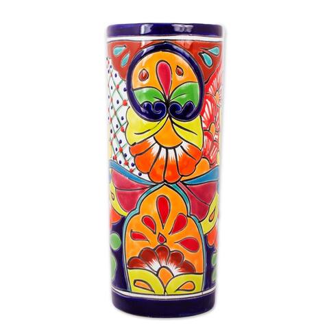 Handmade Cylindrical Talavera Ceramic Vase (Mexico)