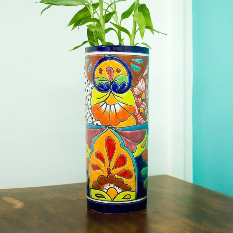 Handmade Cylindrical Talavera Ceramic Vase (Mexico)