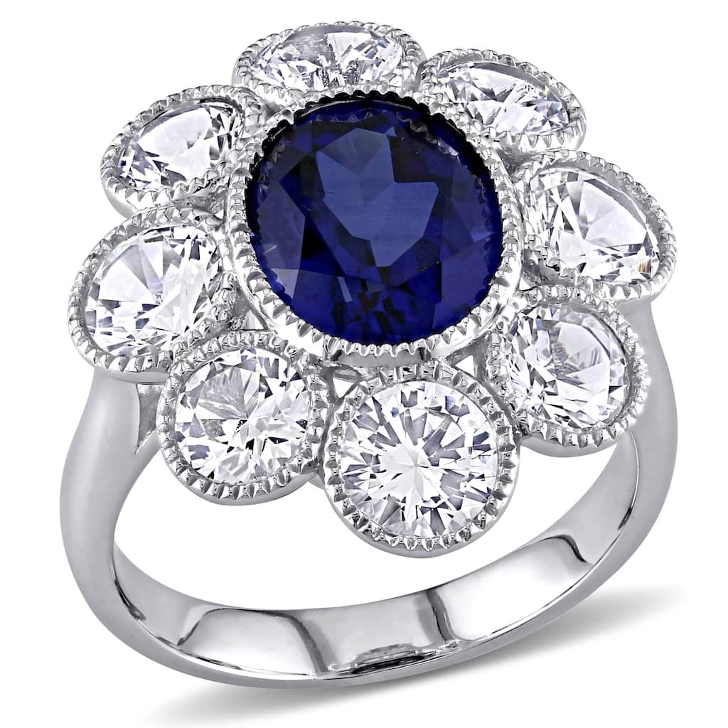 Miadora 10k White Gold Created Blue and White Sapphire Flower Cocktail Ring
