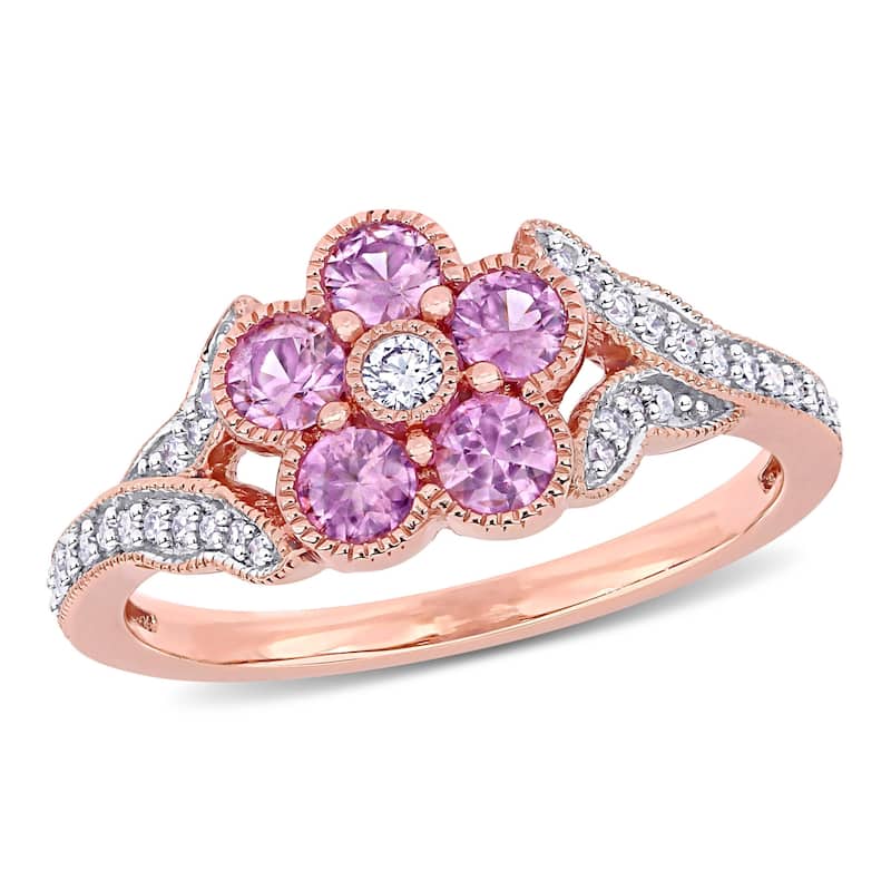 Miadora 10k Rose Gold Pink Sapphire and 1/6ct TDW Diamond Split Shank Flower Ring