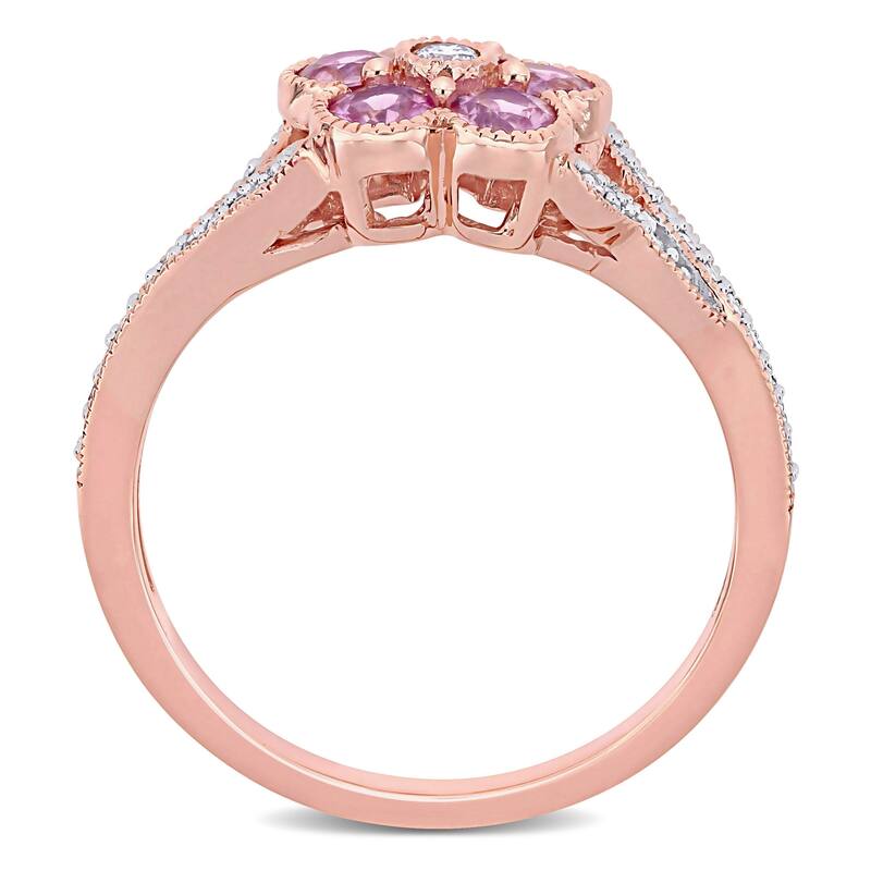 Miadora 10k Rose Gold Pink Sapphire and 1/6ct TDW Diamond Split Shank Flower Ring