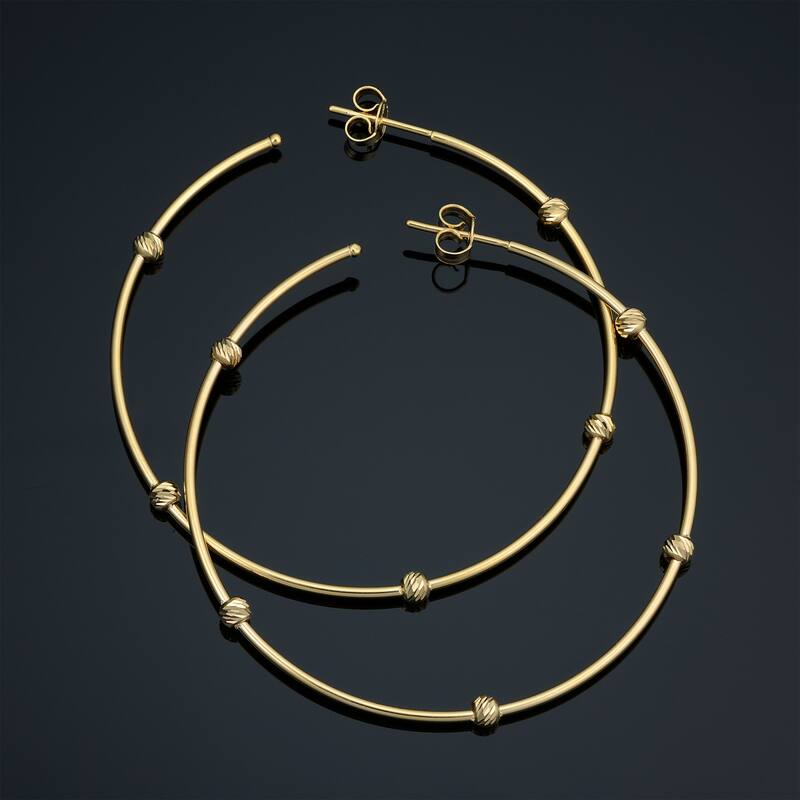 14k Yellow Gold Diamond-cut Bead Station Open Hoop Earrings