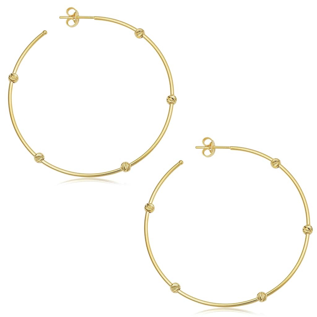 14k Yellow Gold Diamond-cut Bead Station Open Hoop Earrings