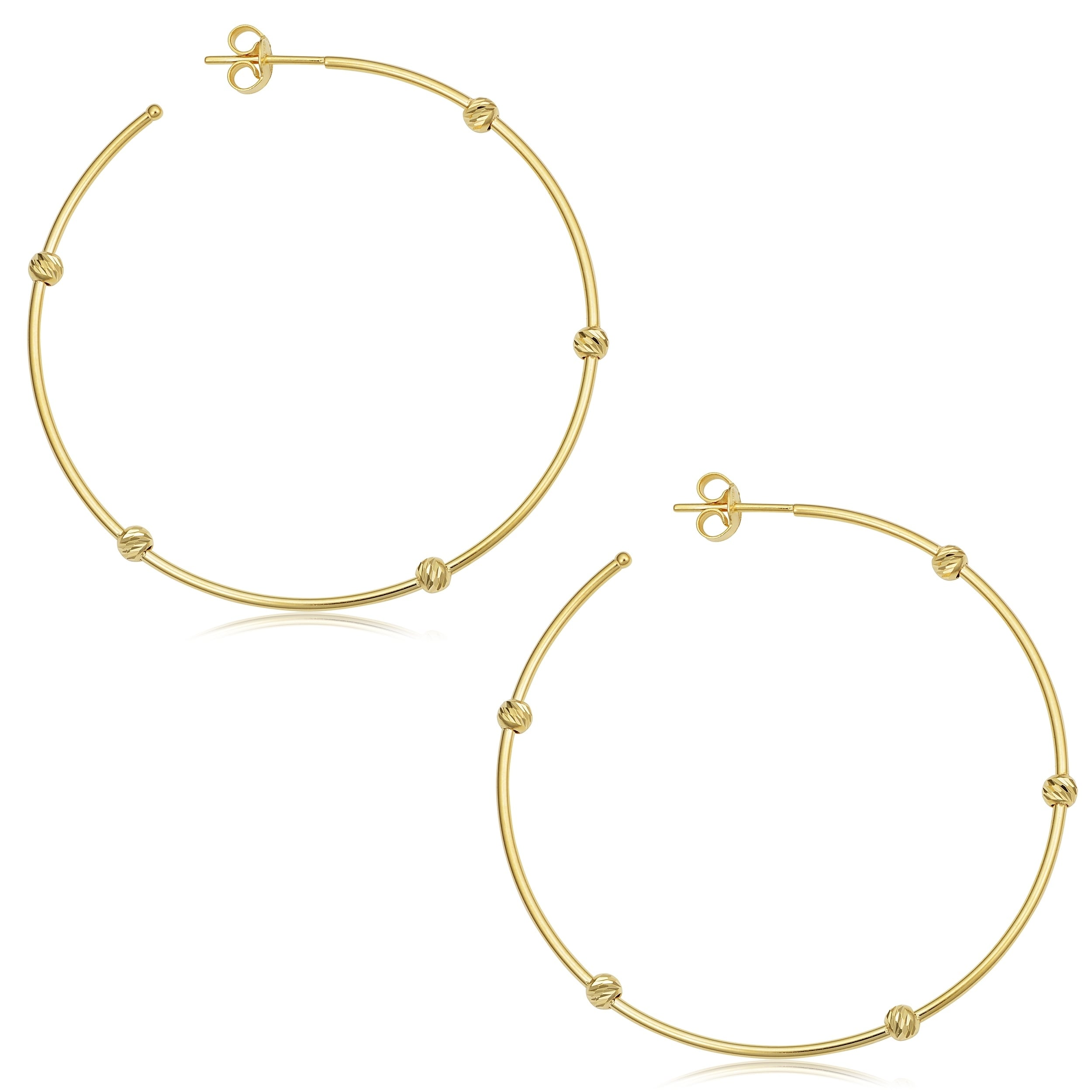Fremada 14k Yellow Gold Diamond-cut Bead Station Open Hoop Earrings