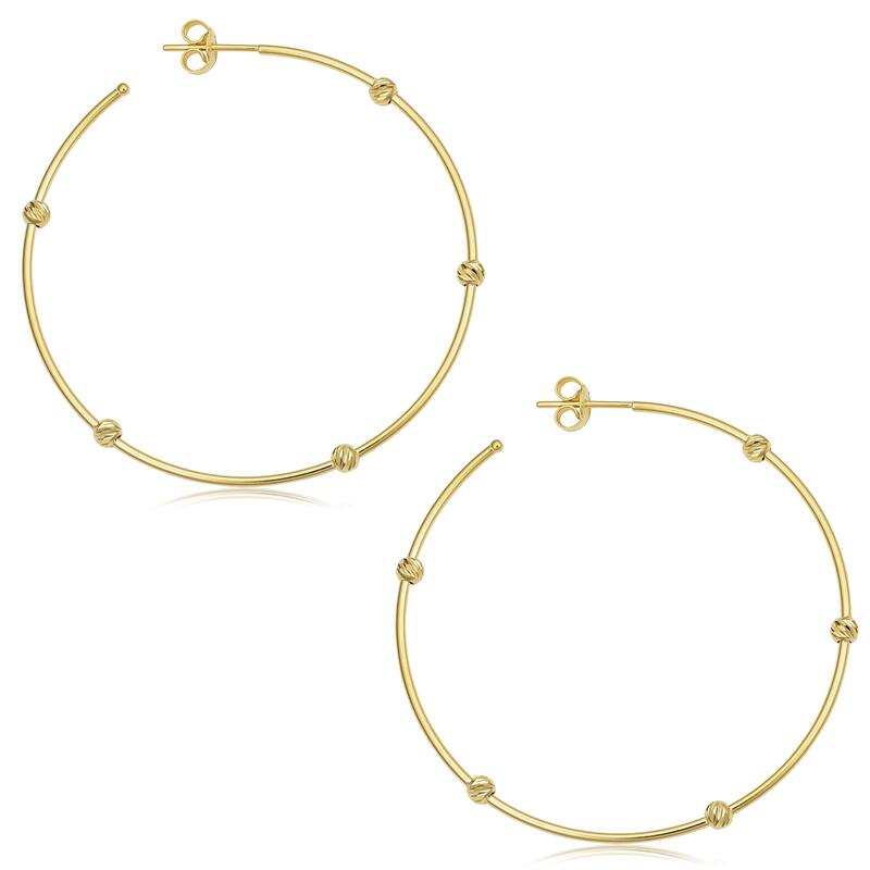 14k Yellow Gold Diamond-cut Bead Station Open Hoop Earrings