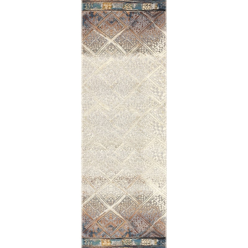 Alexander Home Armanda Modern Tribal Inspired Indoor/ Outdoor Area Rug - 2'5" x 7'8" - Ivory/ Mediterranean