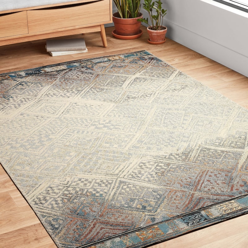 Alexander Home Armanda Modern Tribal Inspired Indoor/ Outdoor Area Rug - 7'10" x 11'2" - Ivory/ Mediterranean