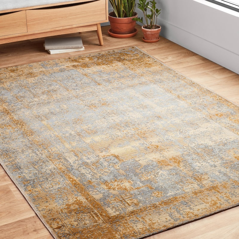 Alexander Home Armanda Modern Distressed Indoor/ Outdoor Area Rug - 6'7" x 9'4" - Antique Ivory/ Copper