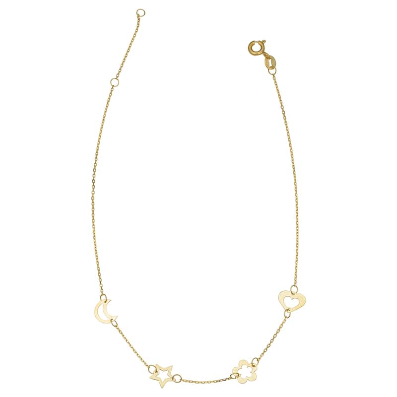 14k Yellow Gold Moon Heart Flower Star Station Anklet (adjusts to 9 or 10 inches)