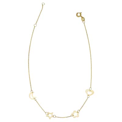 14k Yellow Gold Moon Heart Flower Star Station Anklet (adjusts to 9 or 10 inches)