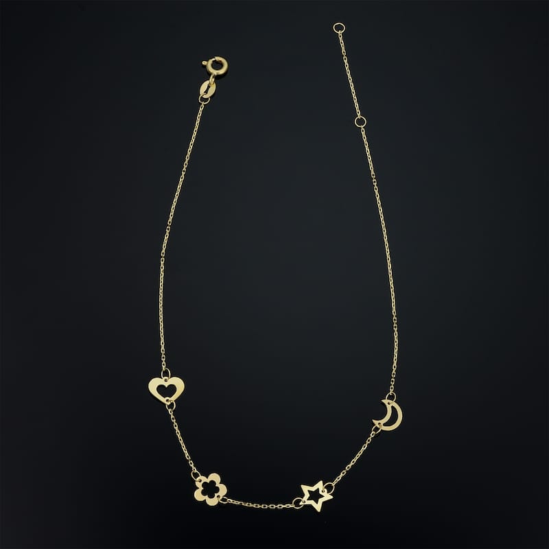 14k Yellow Gold Moon Heart Flower Star Station Anklet (adjusts to 9 or 10 inches)