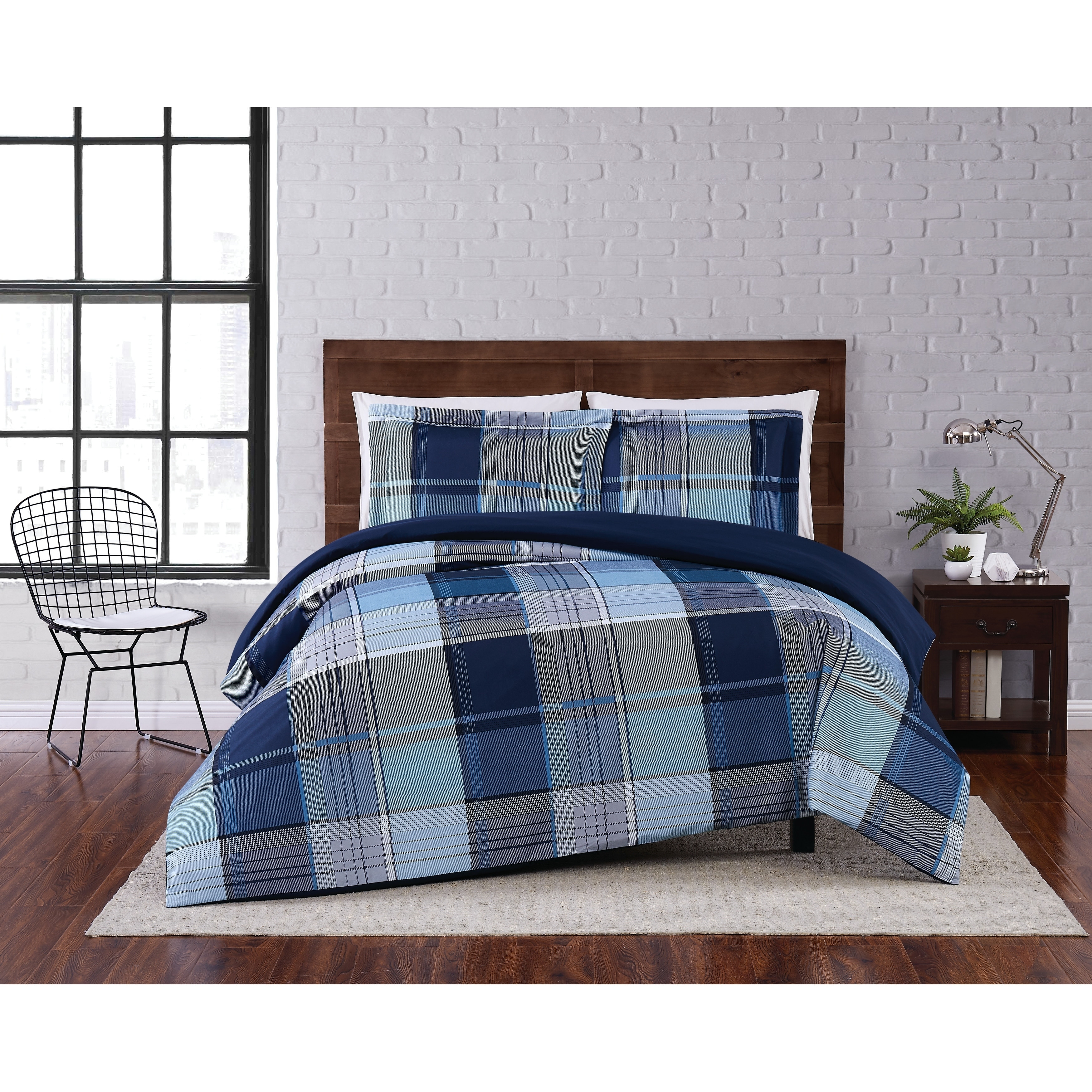 Fan Duvet Cover Set Queen Size Black and White Grid Checkered Plaid Pattern Boys Bedding Sets Reversible Modern Microfiber Comforter Cover and 2 Pillow Shams