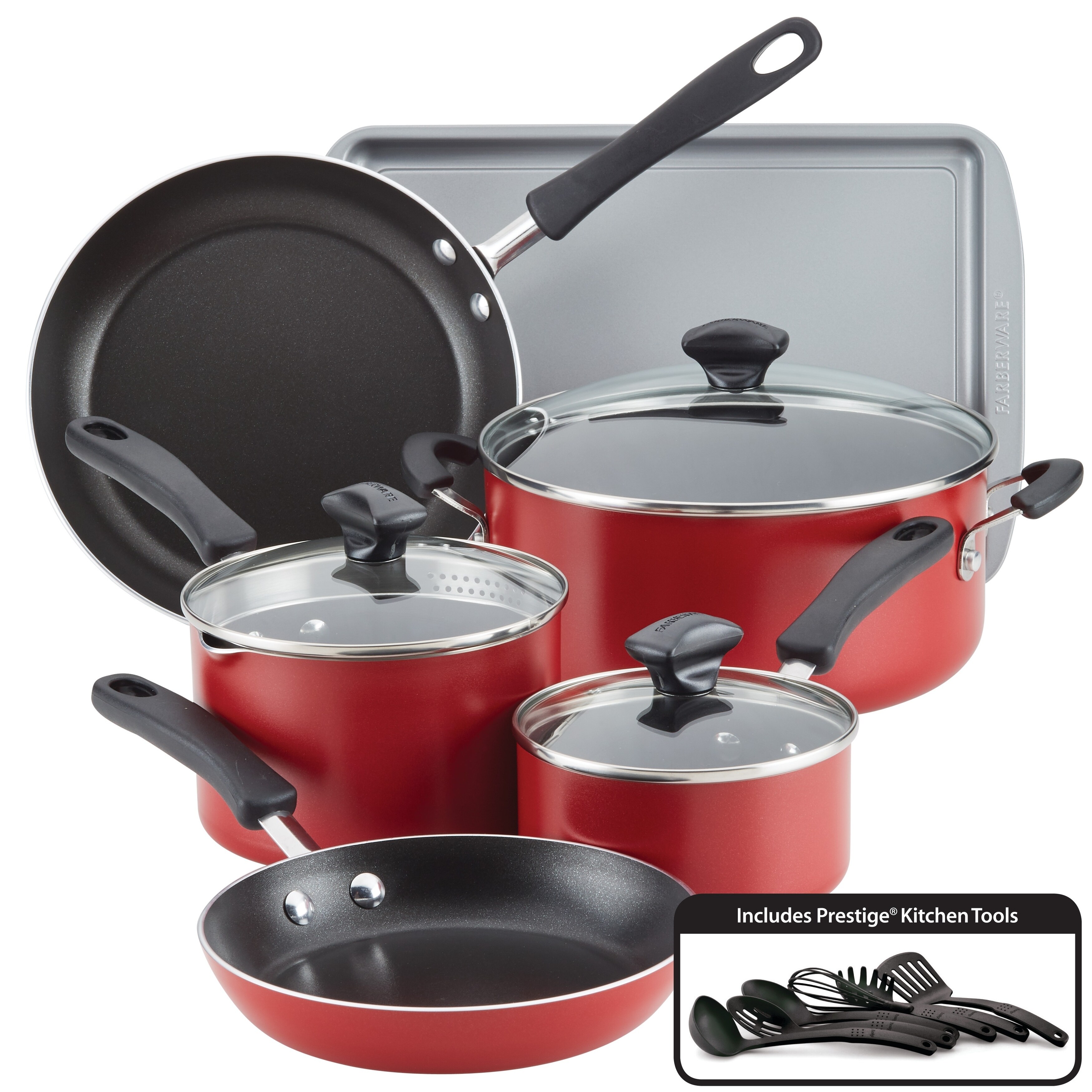 Farberware Cookstart DiamondMax Nonstick Cookware Set, 15-Pc, Red