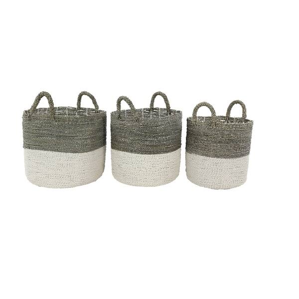 Shop Studio 350 Large Round Gray White Color Blocked Seagrass Baskets Overstock 28889736