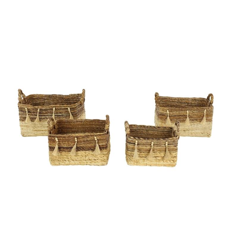 Large Rectangular Natural Brown & Beige Banana Leaf Storage Baskets with Wood Beads & Tassels Set of 4