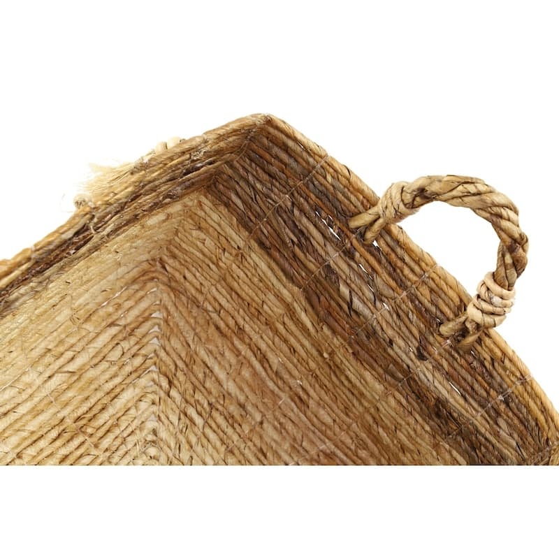Large Rectangular Natural Brown & Beige Banana Leaf Storage Baskets with Wood Beads & Tassels Set of 4