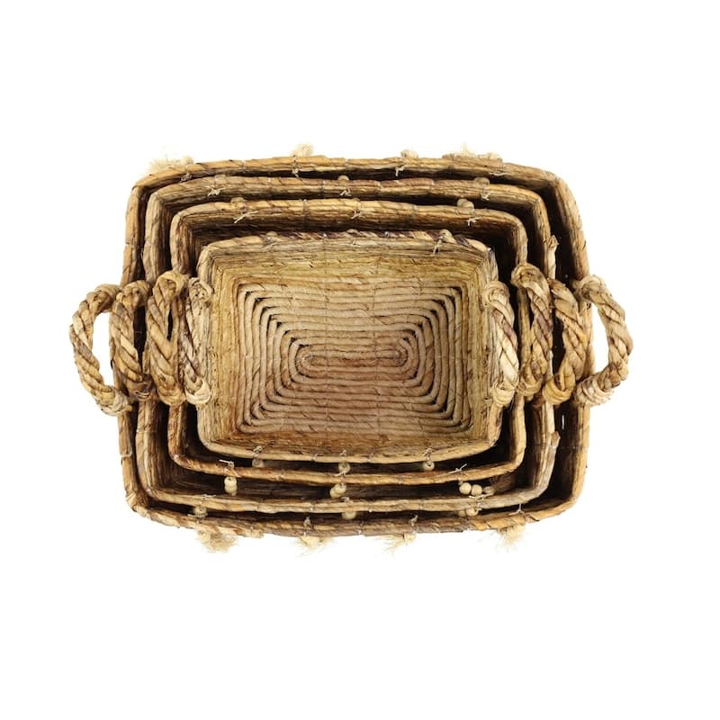 Large Rectangular Natural Brown & Beige Banana Leaf Storage Baskets with Wood Beads & Tassels Set of 4