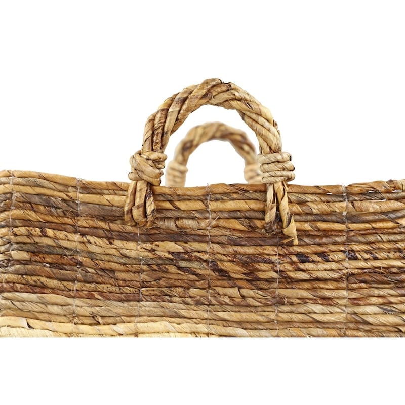 Large Rectangular Natural Brown & Beige Banana Leaf Storage Baskets with Wood Beads & Tassels Set of 4