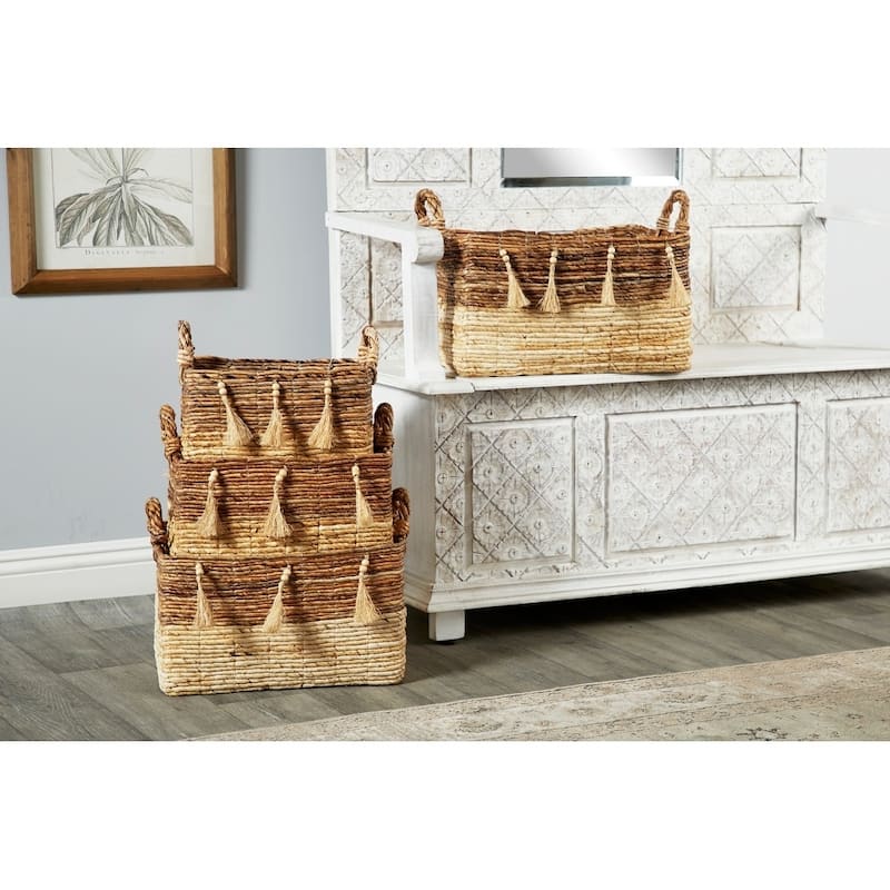 Large Rectangular Natural Brown & Beige Banana Leaf Storage Baskets with Wood Beads & Tassels Set of 4