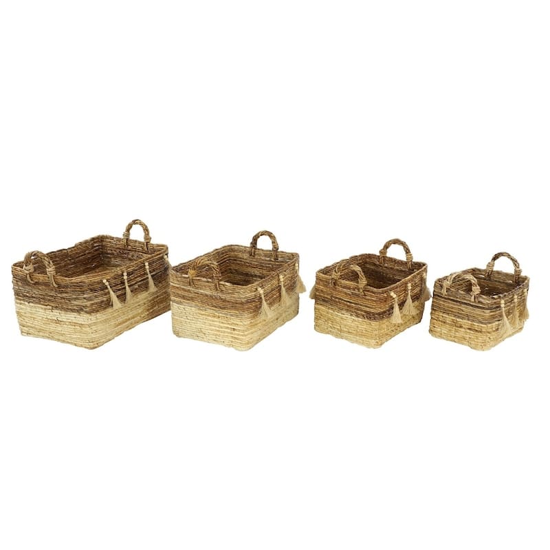 Large Rectangular Natural Brown & Beige Banana Leaf Storage Baskets with Wood Beads & Tassels Set of 4