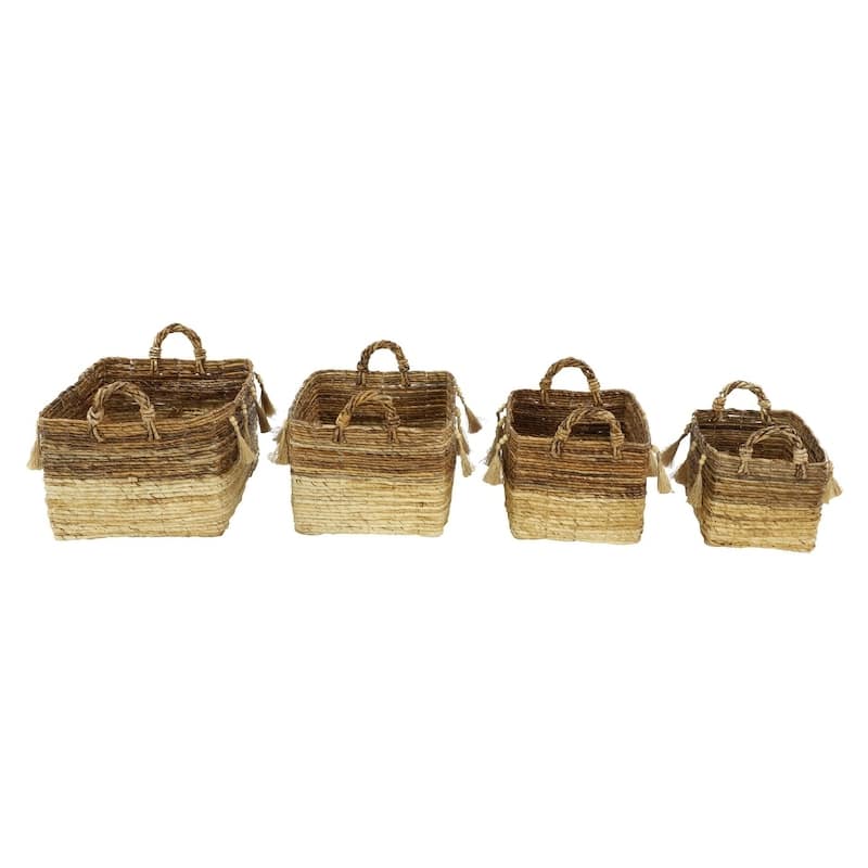 Large Rectangular Natural Brown & Beige Banana Leaf Storage Baskets with Wood Beads & Tassels Set of 4