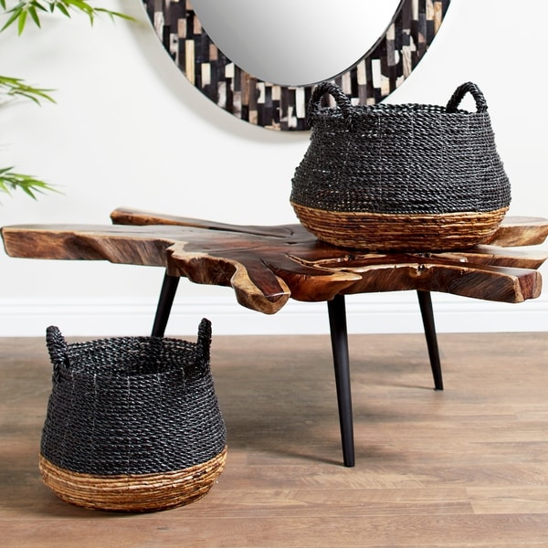 Studio 350 Large, Round Gray & Natural Color-Blocked Banana Leaf Storage Baskets. Opens flyout.