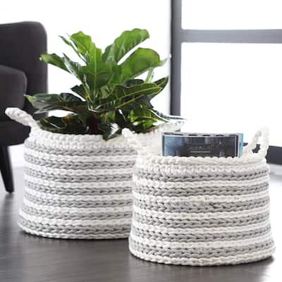 Large Round Striped Gray Mesh & White Cotton Rope Storage Baskets Set of 2