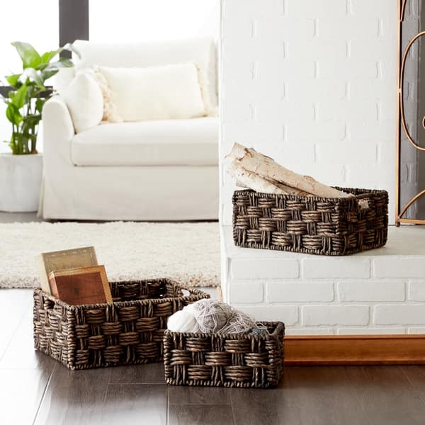 Black Weave Baskets with Lids, 3-Piece Set