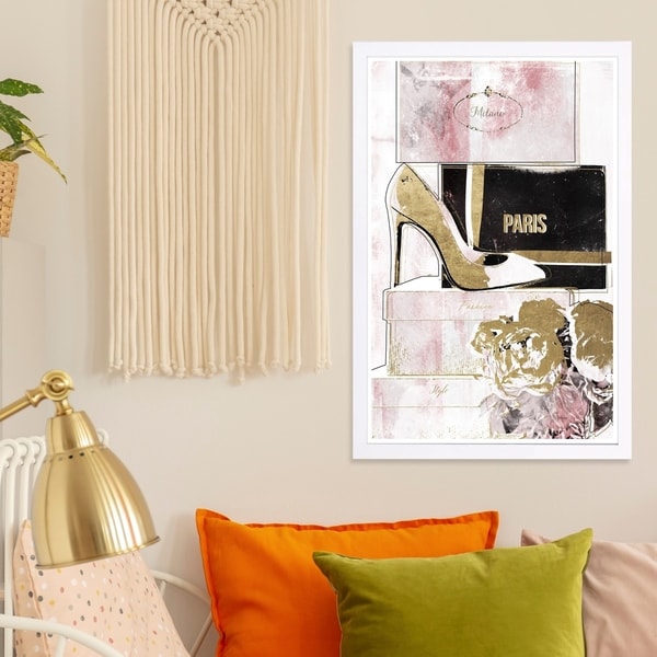 Wynwood Studio 'Stacked Shoes Rose Love' Fashion and Glam Framed Wall Art Print - Pink, Gold - 13 x 19