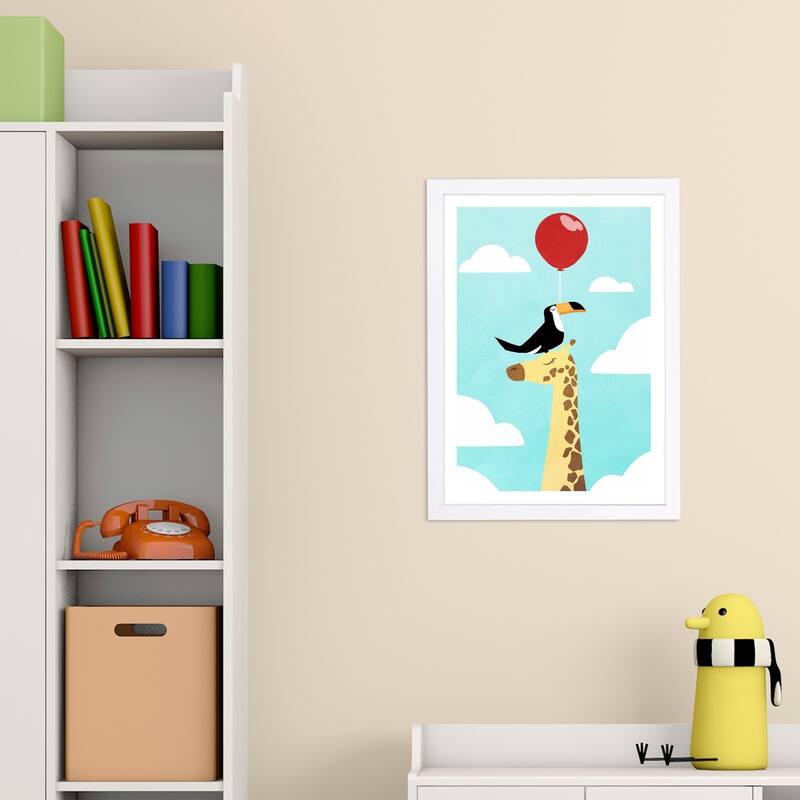 Wynwood Studio 'Jungle Balloon' Animals Framed Wall Art Print - Blue, Yellow