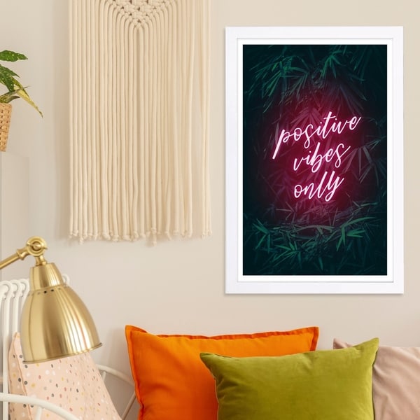Wynwood Studio 'Positive Vibes Only' Typography and Quotes Framed Wall Art Print - Pink, Green - 13 x 19