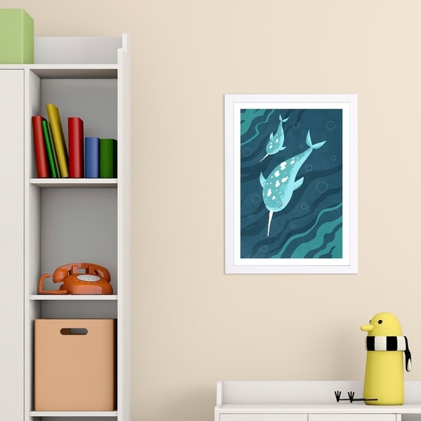 Wynwood Studio 'Narwhals' Animals Framed Wall Art Print - Blue, White - 13 x 19