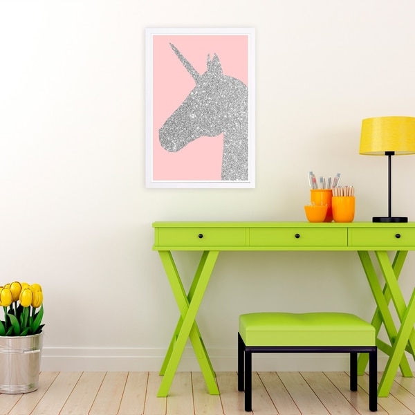 Wynwood Studio 'Glitter Unicorn Pink' Fantasy and Sci-Fi Framed Wall Art Print - Gray, Pink - 13 x 19