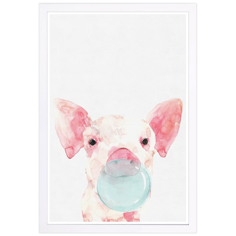 Wynwood Studio 'Piglet Bubblegum' Animals Framed Wall Art Print - Pink, Gray