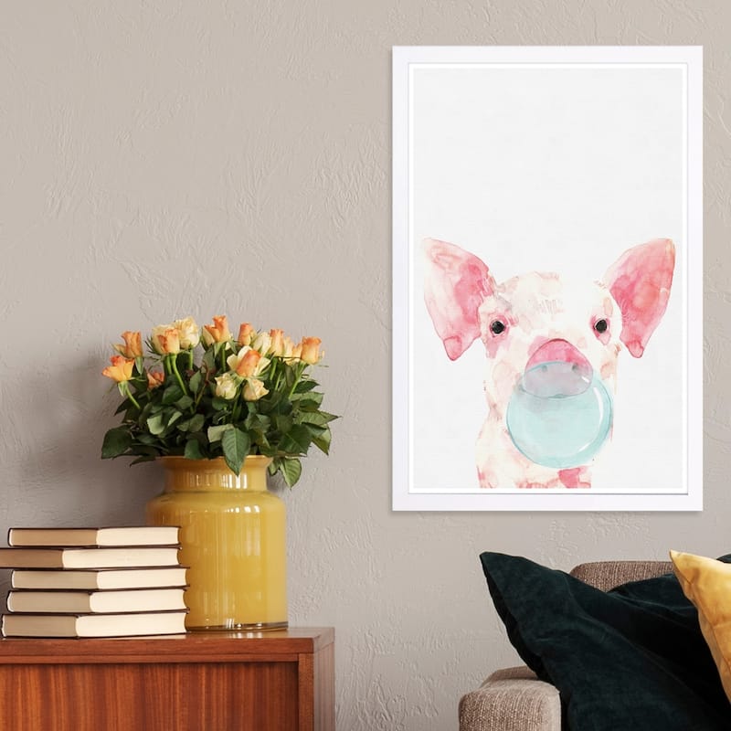 Wynwood Studio 'Piglet Bubblegum' Animals Framed Wall Art Print - Pink, Gray