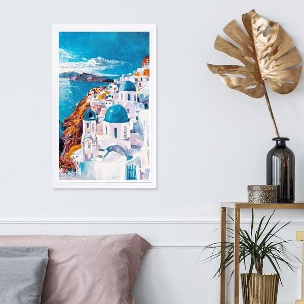 Wynwood Studio 'Beautiful Day in Greece' World and Countries Framed Wall Art Print - White, Blue - 13 x 19