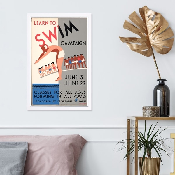 Wynwood Studio 'Learn To Swim Vintage' Sports and Teams Framed Wall Art Print - Blue, White - 13 x 19