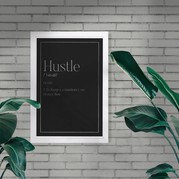Wynwood Studio 'Hustle Typography I SILVER' Typography and Quotes Framed Wall Art Print - Black, Gray - 13 x 19