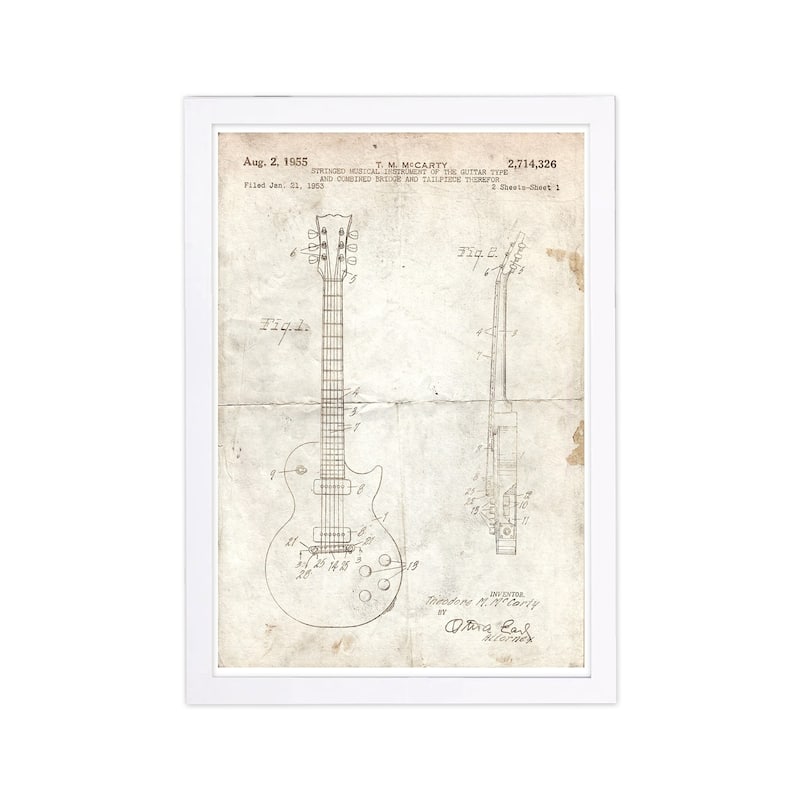 Wynwood Studio 'Gibson Les Paul Guitar 1955 Parchment' Music and Dance Framed Wall Art Print - Brown, White
