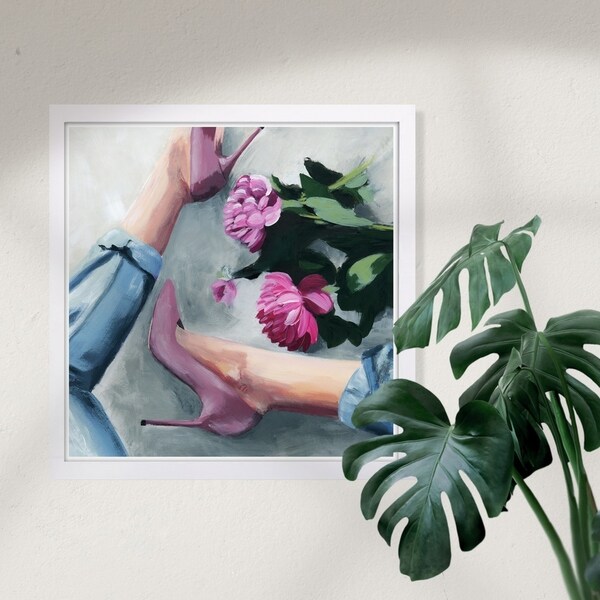 Wynwood Studio 'Jeans and Heels' Fashion and Glam Framed Wall Art Print - Pink, Blue - 13 x 13