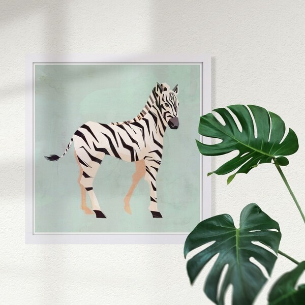 Wynwood Studio 'Zebra Trot' Animals Framed Wall Art Print - Green, White - 13 x 13