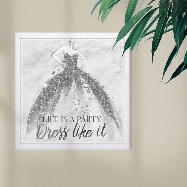 Wynwood Studio 'Life is a Party Silver' Fashion and Glam Framed Wall Art Print - Gray, White - 13 x 13