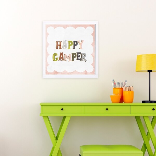 Wynwood Studio 'Happy Camper' Typography and Quotes Framed Wall Art Print - Pink, Green - 13 x 13