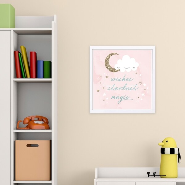 Wynwood Studio 'Wishes Stardust Magic' Typography and Quotes Framed Wall Art Print - Pink, Gold - 13 x 13