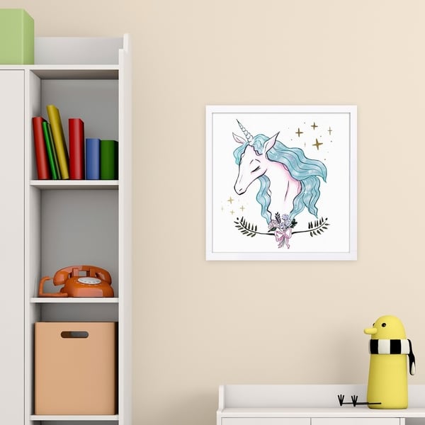 Wynwood Studio 'Beautiful Magical Unicorn Aqua' Fantasy and Sci-Fi Framed Wall Art Print - Pink, Blue - 13 x 13