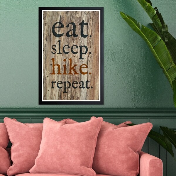 Wynwood Studio 'Eat Sleep Hike Repeat' Typography and Quotes Framed Wall Art Print - Black, Brown - 13 x 19